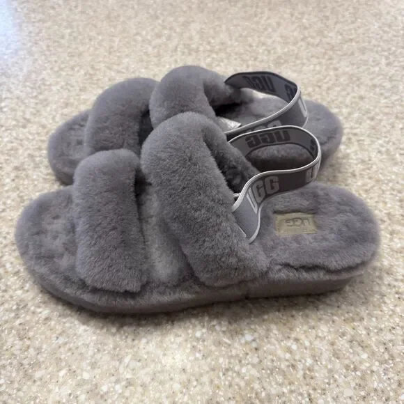 UGG Fuzzy Oh Yeah Fluff Gray Slippers Slides Logo 10 - Picture 7 of 8
